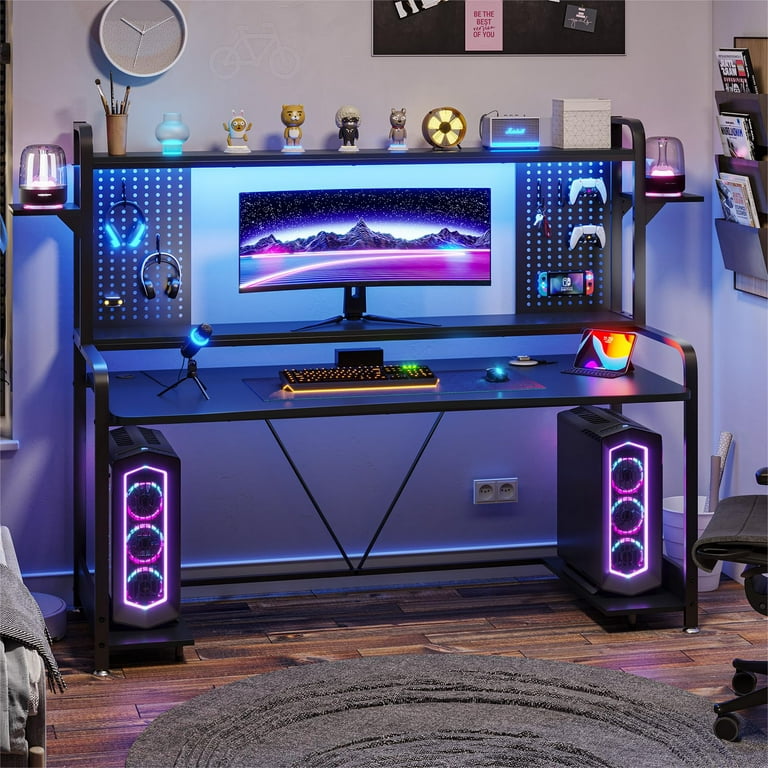 Black Gaming Desk with LED Lights, 55 Computer Desk with Hutch and  Shelves, Large PC Gamer Desk Workstation for Home Office