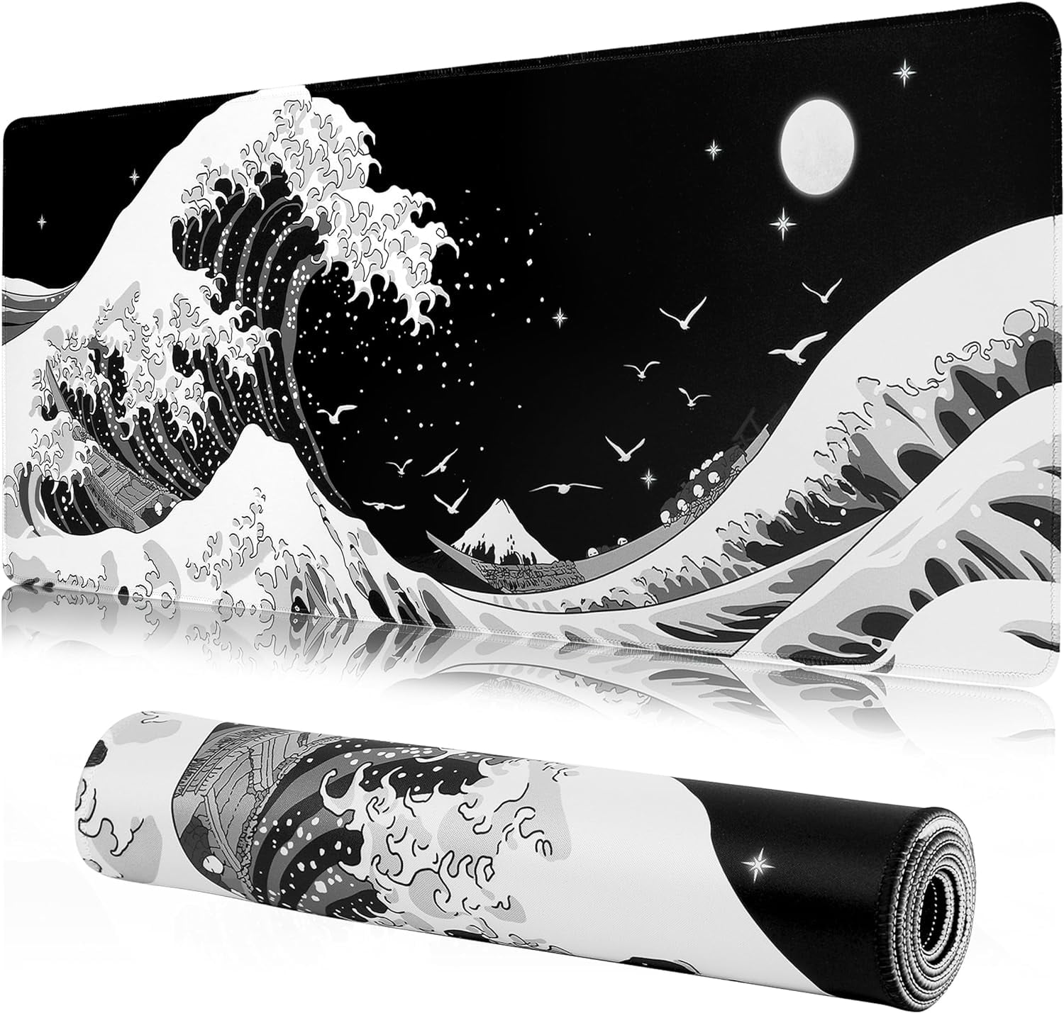 Black Gaming Laptop Mouse Pad,Sea Wave Big Mice Pads PC Keyboard Waterproof and Non-Slip 31.5" x 11.8" 0.12" Thick XL,XXL Rubber Table Mat, Kanagawa Surfing and Japanese Mouse Pads