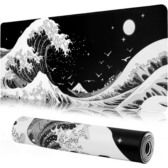 Black Gaming Laptop Mouse Pad,Sea Wave Big Mice Pads PC Keyboard Waterproof and Non-Slip 31.5" x 11.8" 0.12" Thick XL,XXL Rubber Table Mat, Kanagawa Surfing and Japanese Mouse Pads
