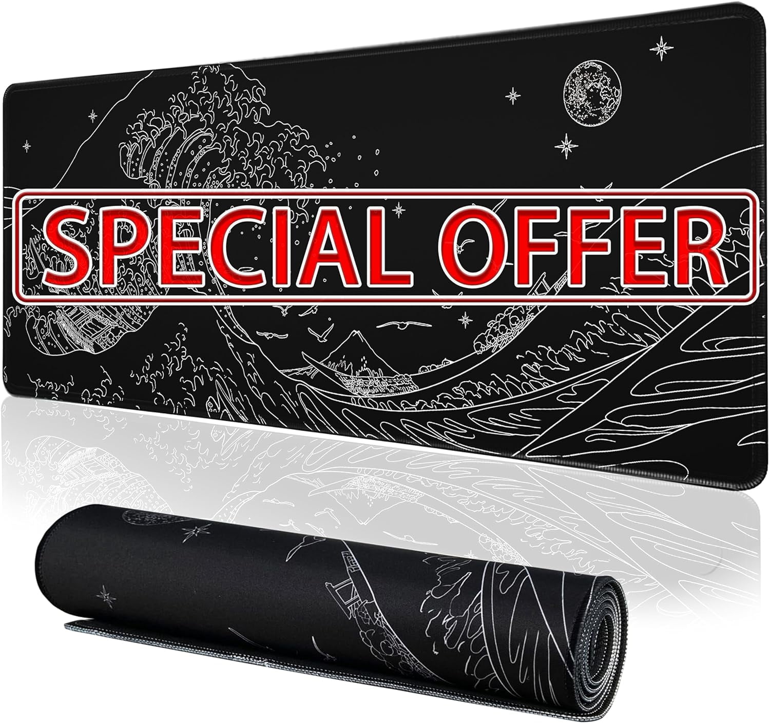 Black Gaming Laptop Mouse Pad,Sea Wave Big Mice Pads PC Keyboard Waterproof and Non-Slip 31.5 x 11.8inches 3mm Thick XL,XXL Rubber Table Mat, Kanagawa Surfing and Japanese Mouse Pads