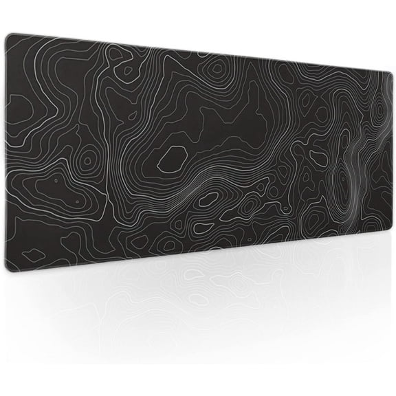Black Gaming Mouse Pad XL Geographic Map Lines Extended Large Desk Cover Big Table Mat Non-Slip Rubber Base Stitched Edge Long Keyboard Playmat for Gamer,31.5×11.8 Inches