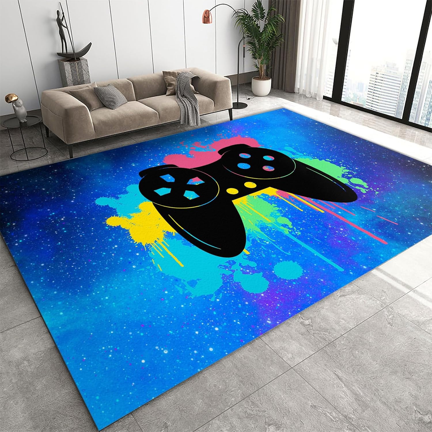 Black Gaming Watch Area Rug, Blue Watercolor Graffiti Background Large ...
