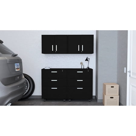 Black Garage Storage, 2 Pieces With 3 Drawers & Wall Mount Option Large Feature