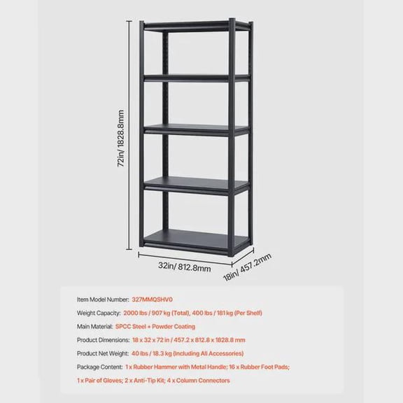 Black Garage Storage Shelves 5 Tier, 2000 lbs Capacity, 18"x32"x72" Adjustable Metal Shelving, Utility Rack Shelf for Kitchen, Warehouse, Basement