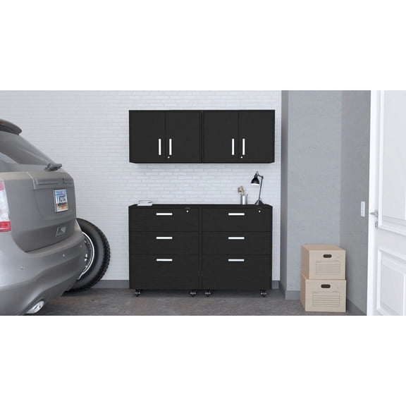 Black Garage Storage System | Three Drawers and Wall-Mounted | Wood Construction and Easy Access | Optimizes Garage Storage