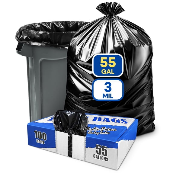 Plastic Prince 55 Gallon Trash Bags 3 Mil Fit Rubbermaid Brute Rollout Round and Square 32-44 gal Trash Cans 36" x 50" Large Durable Heavy Duty Garbage Trash Can Liners, Black Pack of 100