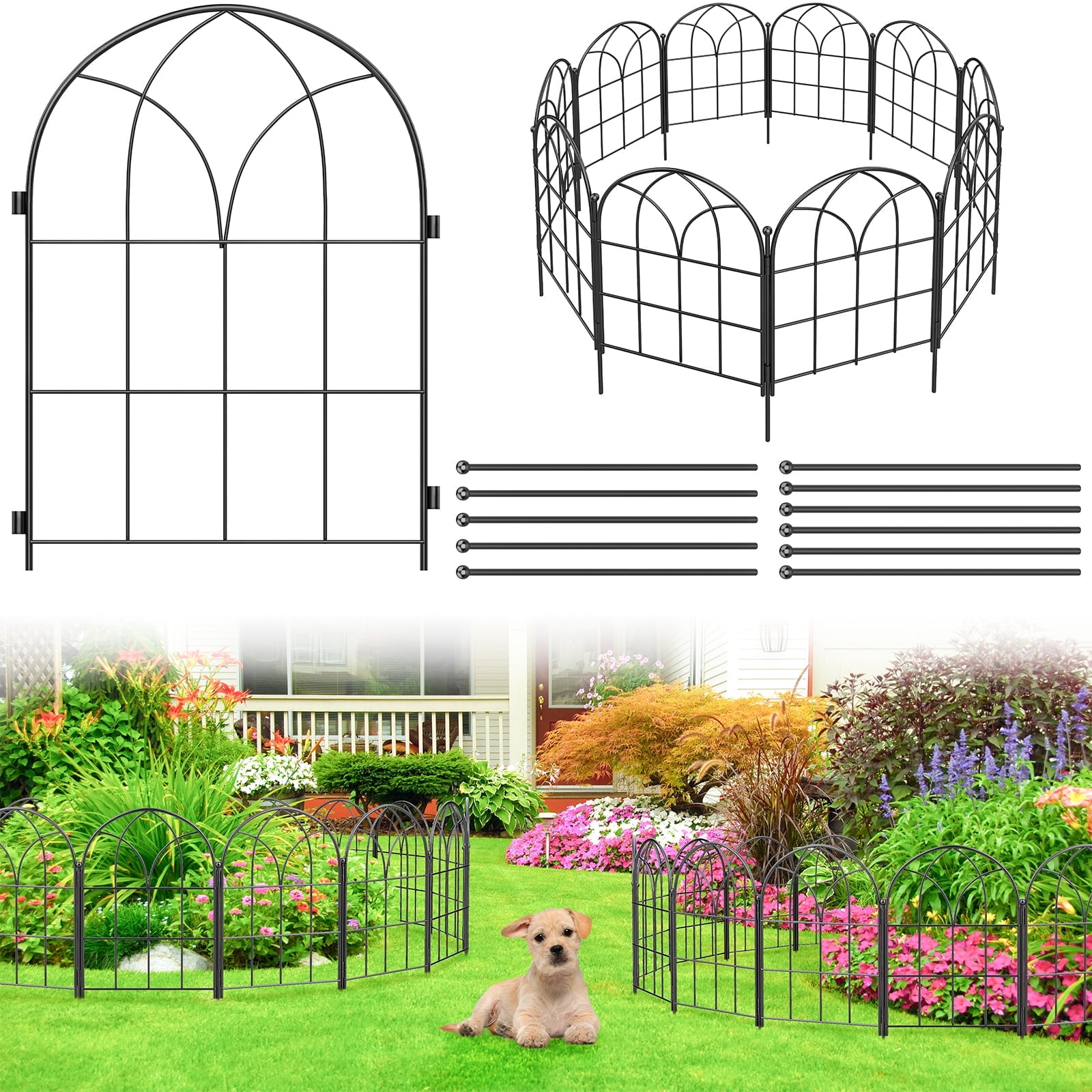 Black Garden Fences Animal Barrier, 12.55" * 16.48" Garden Border Fencing, Rustproof Metal No Dig Fence for Dogs, Outdoor Fence, Dog Fencing for Patio, Flower Bed, Farm (Medium 10 PCS)
