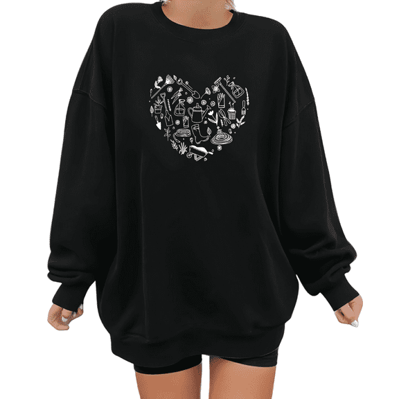 Black Gardening Tools Heart Graphic Sweatshirt Print Sweatshirt S-3XL Tops