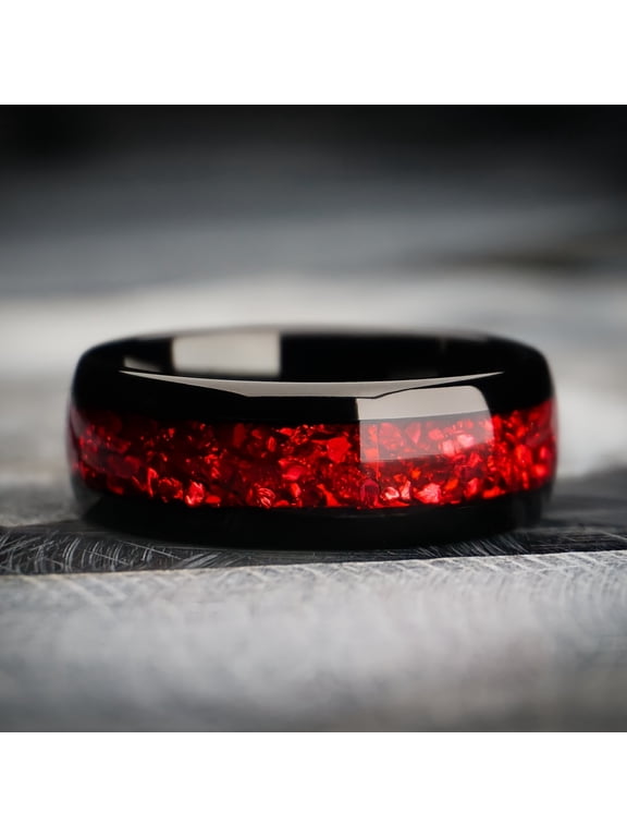 Black Garnet Ring, Tungsten Ring with Red Artificial Synthetic Gemstonestone inlay, Mens Wedding Band, Gift for Him, Red Ring Gift, 8mm Ring, Lab Created Garnet,10