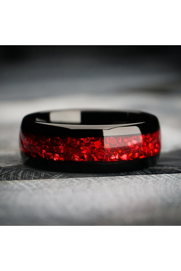 Black Garnet Ring, Tungsten Ring with Red Artificial Synthetic Gemstonestone inlay, Mens Wedding Band, Gift for Him, Red Ring Gift, 8mm Ring, Lab Created Garnet,9
