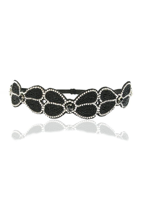 Black Gatsby 1920's Butterfly Design Rhinestone and Beads Diamond Adjustable Headband Elastic