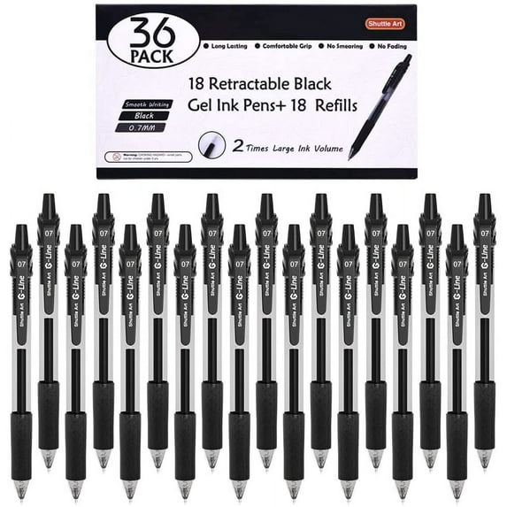 Black Gel Pens, 36 Pack(18 Gel Pens with 18 Refills) Shuttle Art Retractable Medium Point Rollerball Gel Ink Pens Smooth Writing with Comfortable Grip