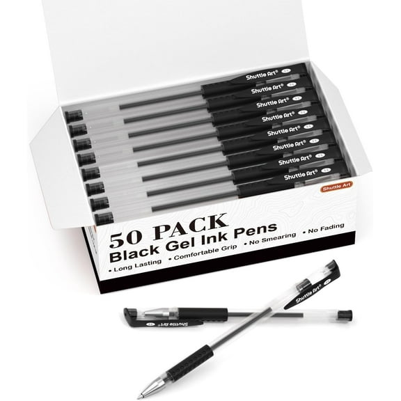 Black Gel Pens, Shuttle Art 50 Pack Fine Point Black Ink Pens Bulk, 0.5mm Rollerball Gel Ink Pens Smooth Writing with Comfortable Grip for Office