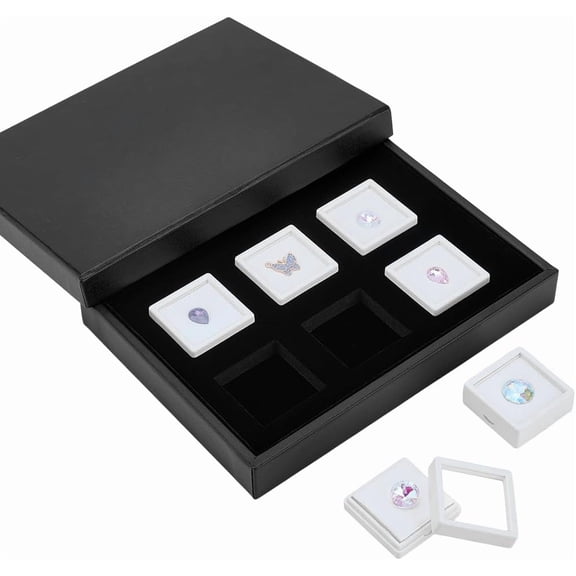 Black Gemstone Display Boxes Jewelry Trays with 6pcs White Square Box Diamond Display Case Gem Boxes 1.6 inch Jewelry Box with Clear Window White Sponge Inserts for Gem Diamond Coin Ring