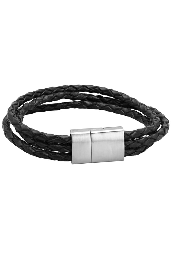 Black Genuine Leather Bracelet Stainless Steel Magnetic Lock