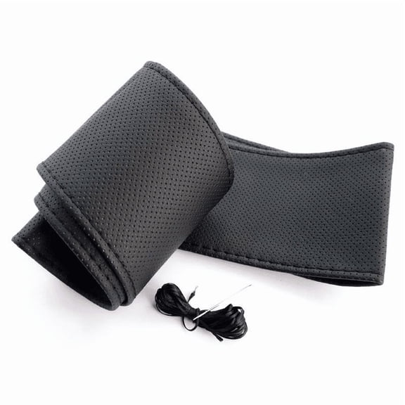 Black Genuine Leather DIY Car Steering Wheel Cover by COREBAY - Anti-Slip, Fits 15 Inch/38 cm Steering Wheels