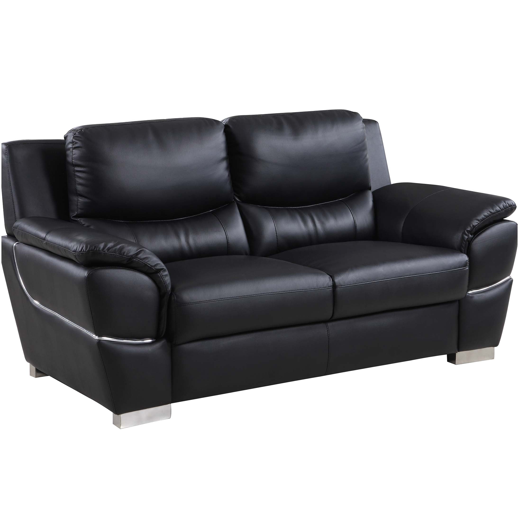 Black Genuine Leather Loveseat Sofa with Chrome Legs for Modern Living ...