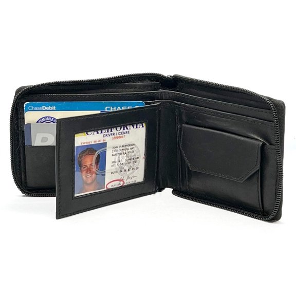 Black Genuine Leather Mens Bifold Wallet Card Coin Holder Plastic Sleeve Inserts ID Zip Around