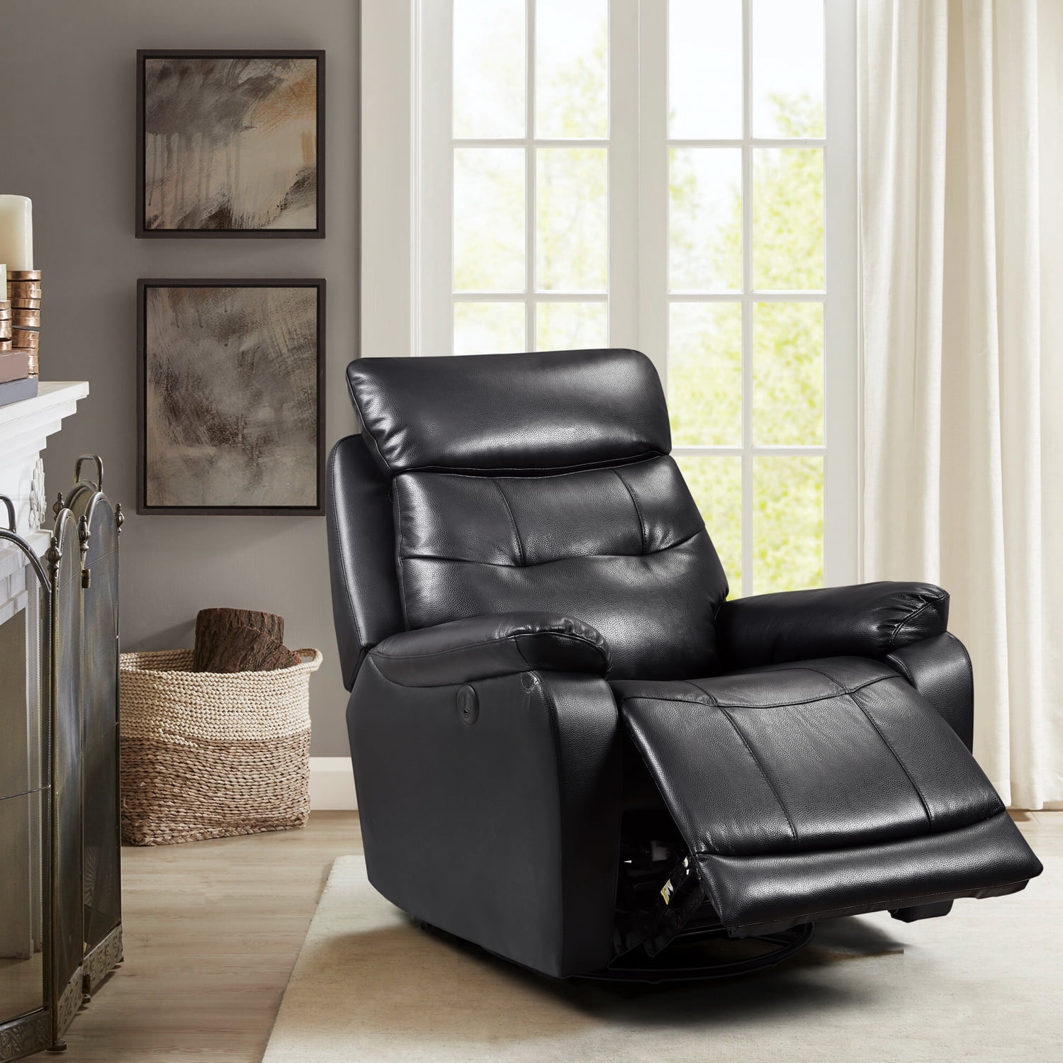 Black Genuine Leather Swivel Power Recliner with USB port - Walmart.com