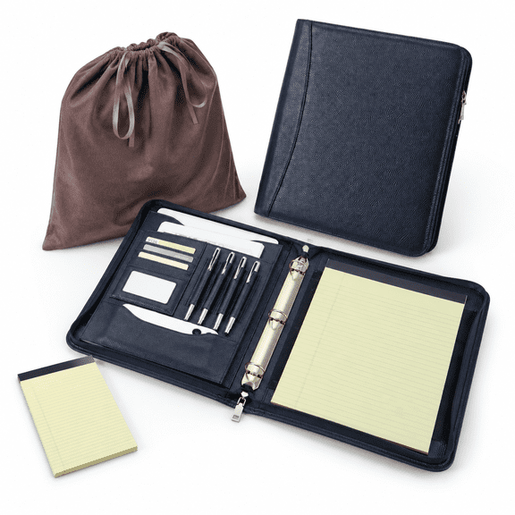 Black Genuine Leather Zippered 3 Ring Binder Padfolio with Writing Pad
