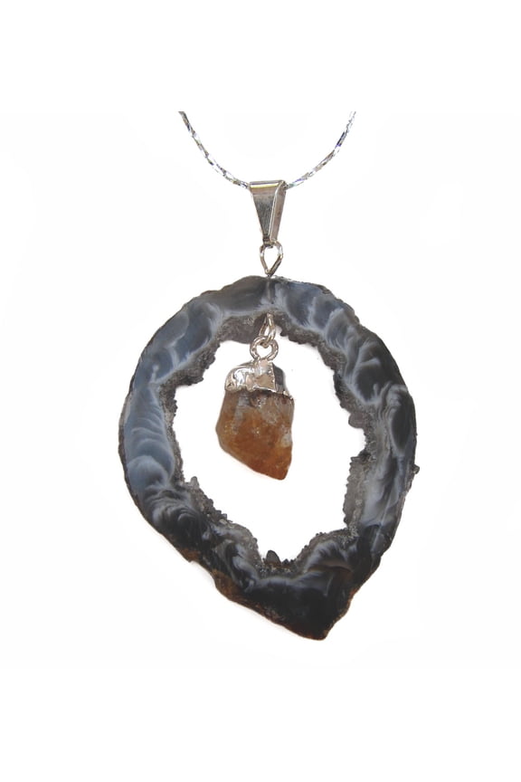 Black Geode Slice with Citrine Pendant