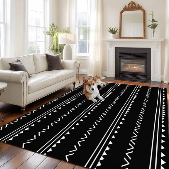 Black Geometric Abstract Art Area Rug 5x8 FT, Non Slip Bedroom Throw Carpet, White Stripes Triangle Arrow Washable Soft Floor Carpet Non-Shedding Rug for Living Room Nursery Dorm Office