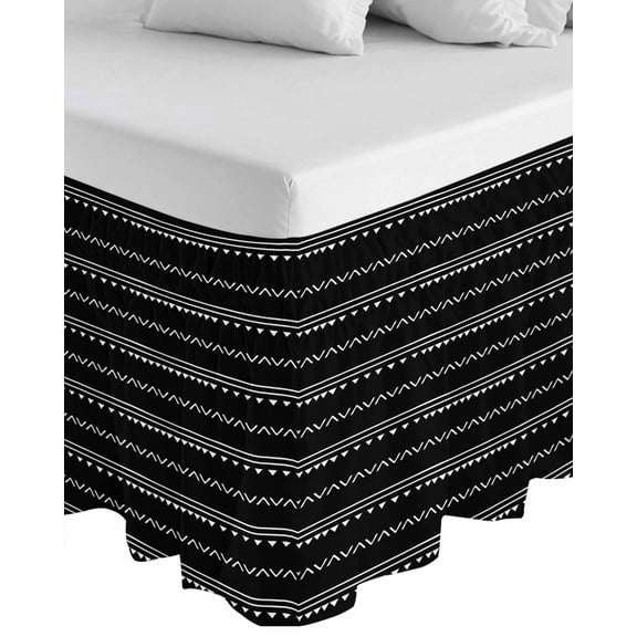 Black Geometric Abstract Art Wrap Around Bed Skirts for Queen Bed 18" Drop,Bed Skirt with Adjustable Elastic Belt Dust Ruffle Bed Valance for Bedroom White Stripes Triangle Arrow Bed Frame Cover