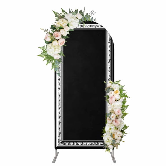 Black Geometric Arch Backdrop Cover, Spandex Fitted Wedding Arch Cover, Country Farm Traditional Chinese Tile Round Top Stand Covers for Birthday Ceremony Bridal Shower Party Decor 6.6x3.3 Ft