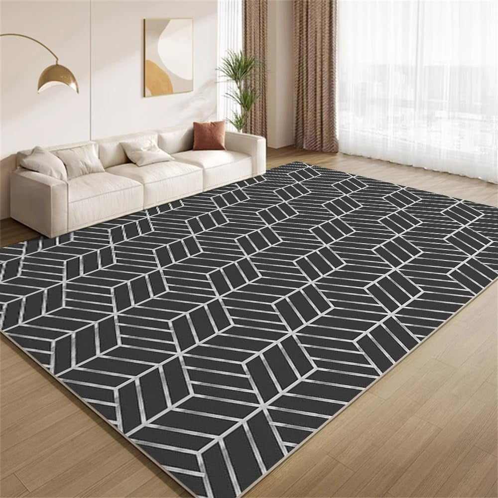 Black Geometric Art Rug 3x4ft Area Rugs Silver Black Modern Texture