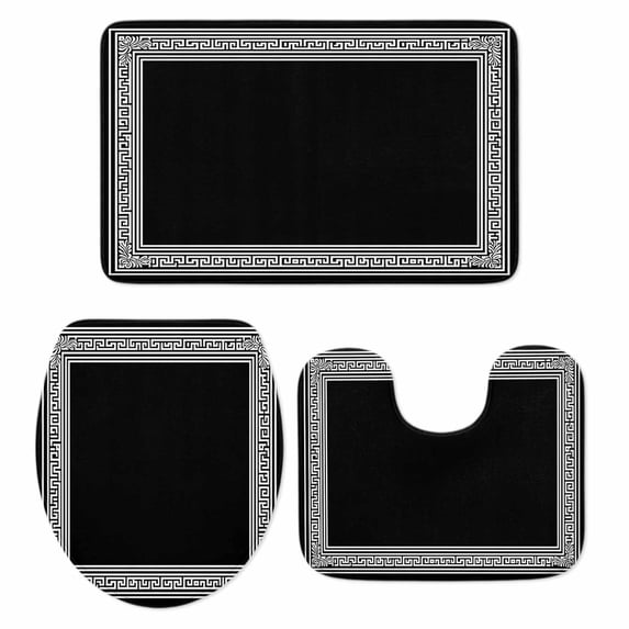 Black Geometric Bath Mat 3 Piece Bathroom Rug Set, Country Farm Traditional Chinese Tile Non Slip Bath Rug Contour Mat and Toilet Lid Cover, Absorbent Shower Mats Soft Bath Rugs and Mats Sets