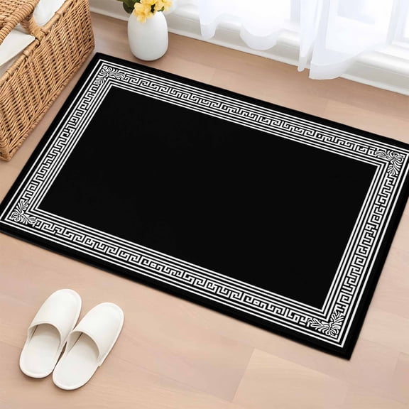 Black Geometric Bathroom Rug Washable 2x3 Entryway Rug Non Slip Country Farm Traditional Chinese Tile Front Door Mat Low Pile Indoor Doormat Throw Floor Carpet for Kitchen Bedroom Entrance