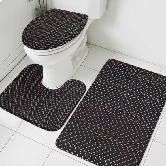 Black Geometric Bathroom Rugs Set Gold Lines Herringbone Abstract Art Non Slip Absorbent Soft Bath Mats 3 Piece Set with Bathroom Rug, U-Shaped Floor Mat, Toilet Seat Cover Small Size