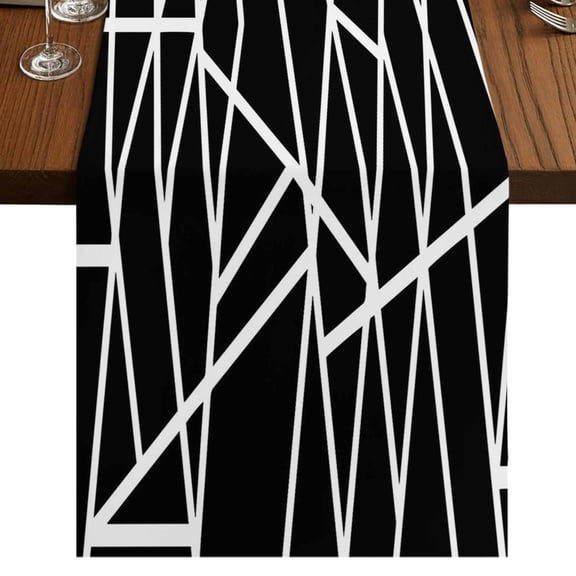Black Geometric Burlap Cotton Table Runner 13x120 Inches Long, Abstract Stripes Modern Simple Farmhouse Table Runners, Outdoor Dining Tablecloths Decor for Baby Shower/Party/Wedding