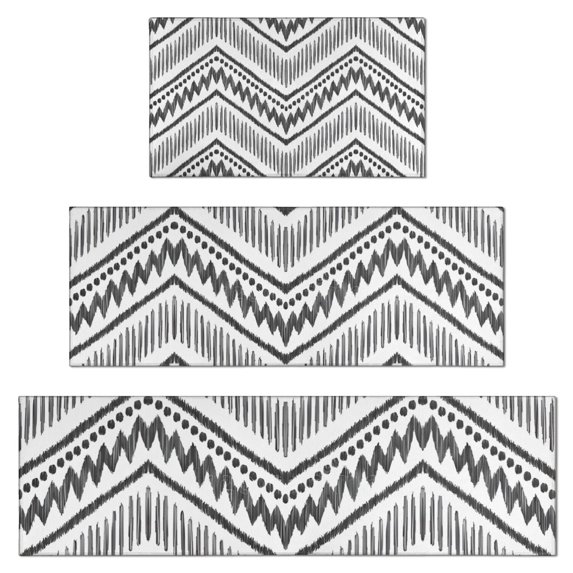 Black Geometric Chevron Dot Pattern Kitchen Rugs Sets Of 3,Kitchen Runner Rugs Non Skid Washable,Decorative Kitchen Floor Mats for Kitchen,Sink,Laundry,17"x30"+ 17"x47" + 17"x59"