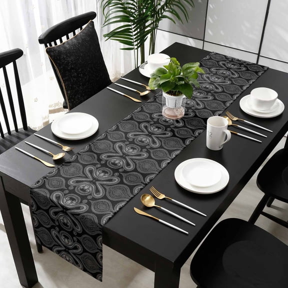 Black Geometric Cotton Linen Table Runner 13 x 70 inch Modern Abstract Flower Non-slip Rectangular Dining Table Decor for Wedding Party Holiday Dinner