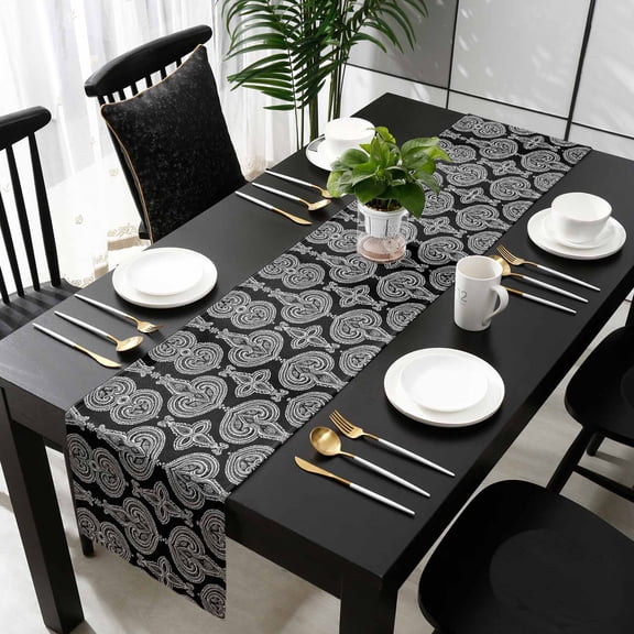 Black Geometric Cotton Linen Table Runner 13 x 70 inch Paisley Modern Abstract Flower Non-slip Rectangular Dining Table Decor for Wedding Party Holiday Dinner