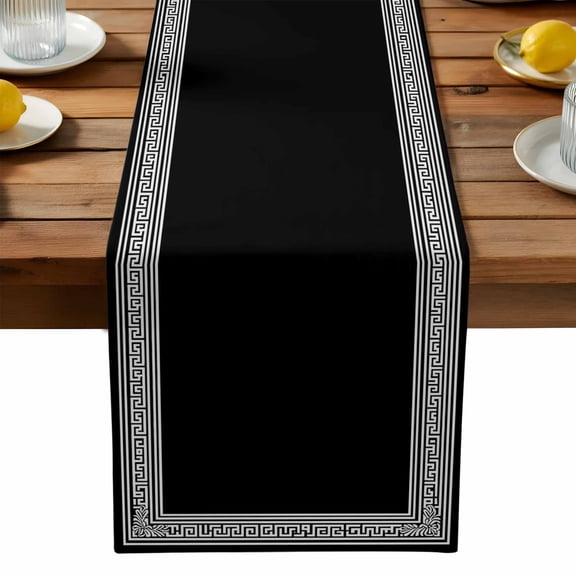 Black Geometric Cotton Linen Table Runner for Dining Kitchen, Country Farm Traditional Chinese Tile Wedding Outdoor Party Tablerunners Decoration, Dresser Scarf Coffee Tablecloth Runners 13x48 Inches