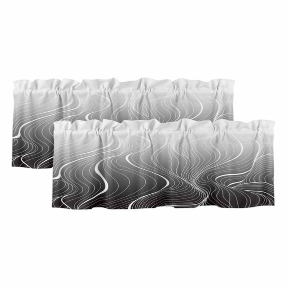 Black Geometric Curtain Valances for Windows, Kitchen Valance Window Treatments Panel 2 Pack, Modern White Stripe Abstract Distortion Art Rod Pocket Short Curtains for Bathroom Bedroom 42 x 18 Inch