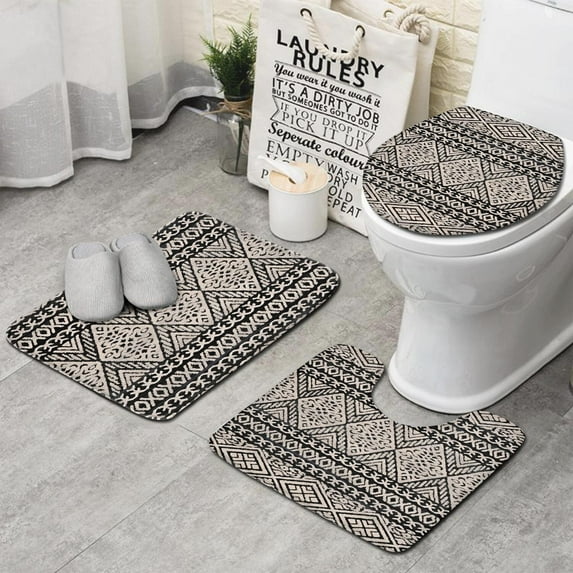 Black Geometric Diamond Pattern Bathroom Rugs Sets 3 Piece,Toilet Cover Set,Absorbent Non Slip Bathroom Mats Sets with U-Shaped Contour Rug Toilet Rug Set