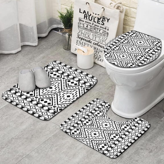 Black Geometric Diamond Pattern Bathroom Rugs Sets 3 Piece,Toilet Cover Set,Absorbent Non Slip Bathroom Mats Sets with U-Shaped Contour Rug Toilet Rug Set
