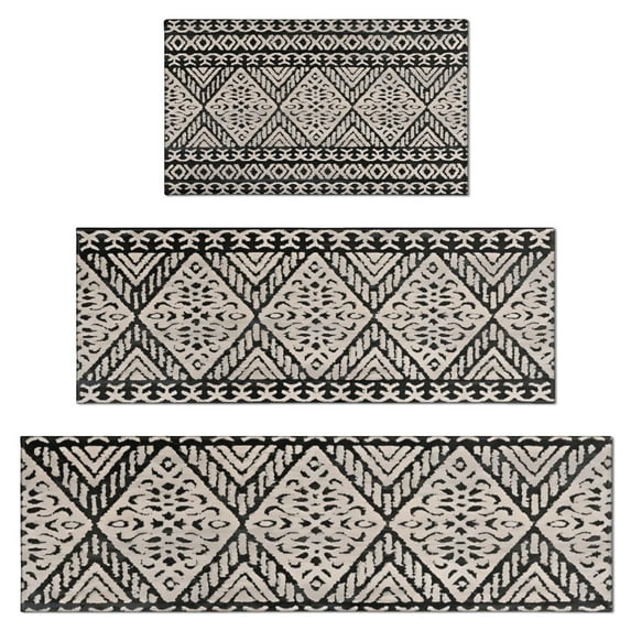 Black Geometric Diamond Pattern Kitchen Rugs Sets Of 3,Kitchen Runner Rugs Non Skid Washable,Decorative Kitchen Floor Mats for Kitchen,Sink,Laundry,17"x30"+ 17"x47" + 17"x59"