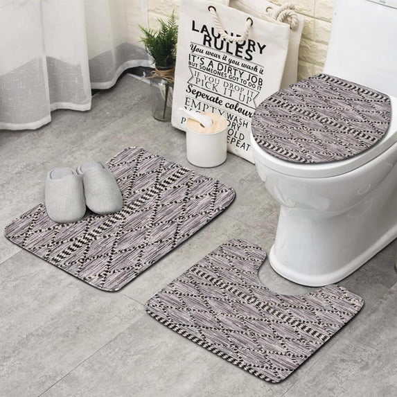 Black Geometric Diamond Striped Pattern Bathroom Rugs Sets 3 Piece,Toilet Cover Set,Absorbent Non Slip Bathroom Mats Sets with U-Shaped Contour Rug Toilet Rug Set