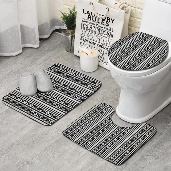 Black Geometric Diamond Striped Pattern Bathroom Rugs Sets 3 Piece,Toilet Cover Set,Absorbent Non Slip Bathroom Mats Sets with U-Shaped Contour Rug Toilet Rug Set