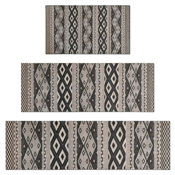 Black Geometric Diamond Striped Pattern Kitchen Rugs Sets Of 3,Kitchen Runner Rugs Non Skid Washable,Decorative Kitchen Floor Mats for Kitchen,Sink,Laundry,17"x30"+ 17"x47" + 17"x59"