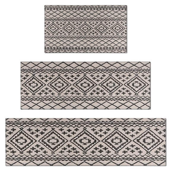 Black Geometric Diamond Striped Pattern Kitchen Rugs Sets Of 3,Kitchen Runner Rugs Non Skid Washable,Decorative Kitchen Floor Mats for Kitchen,Sink,Laundry,17"x30"+ 17"x47" + 17"x59"