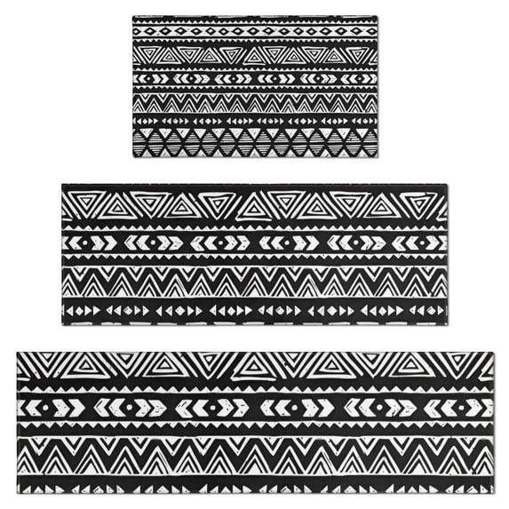 Black Geometric Diamond Triangle Pattern Kitchen Rugs Sets Of 3,Kitchen Runner Rugs Non Skid Washable,Decorative Kitchen Floor Mats for Kitchen,Sink,Laundry,17"x30"+ 17"x47" + 17"x59"