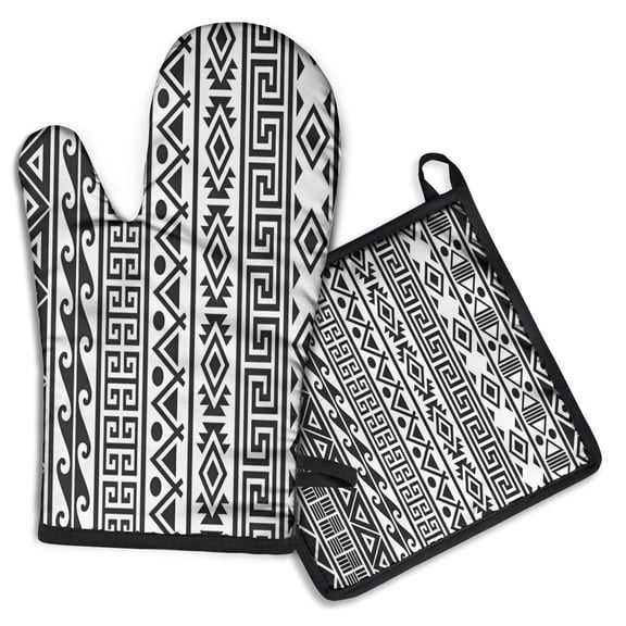 Black Geometric Diamond Wave Pattern Kitchen Oven Mitt and Pot Holder Sets 2 Pcs for Baking, Cooking and Grilling, Heat Resistant Up To 392 °F