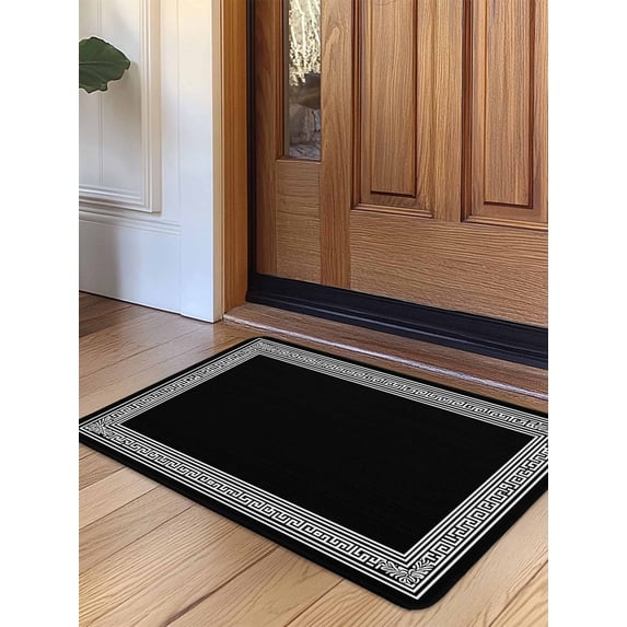 Black Geometric Door Mat Indoor Outdoor Entrance, Non Slip Rug for Kitchen Bathroom Entryway Rug, Country Farm Traditional Chinese Tile Washable Doormat Floor Mat 24x36 Inch