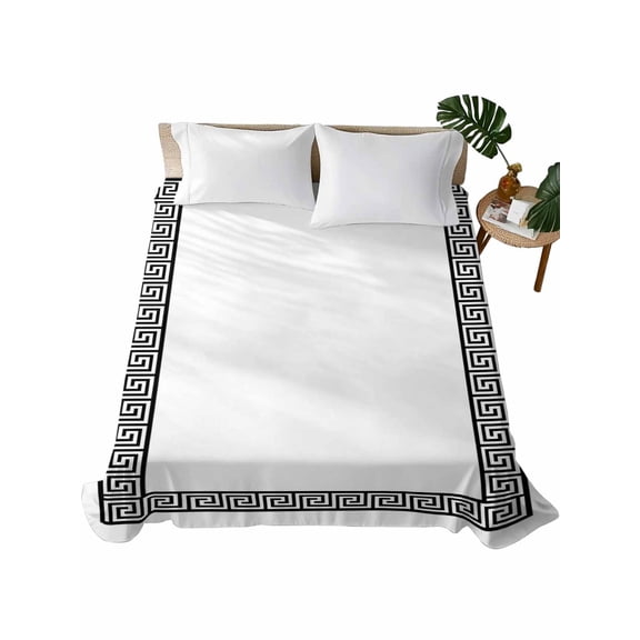 Black Geometric Flat Sheets Only King Size, Soft Breathable Bed Top Sheets for Mattress, Modern Key Greek Design Abstract Art Luxury Bedding Flat Sheets for Home Hotel Bedroom Bed Protection