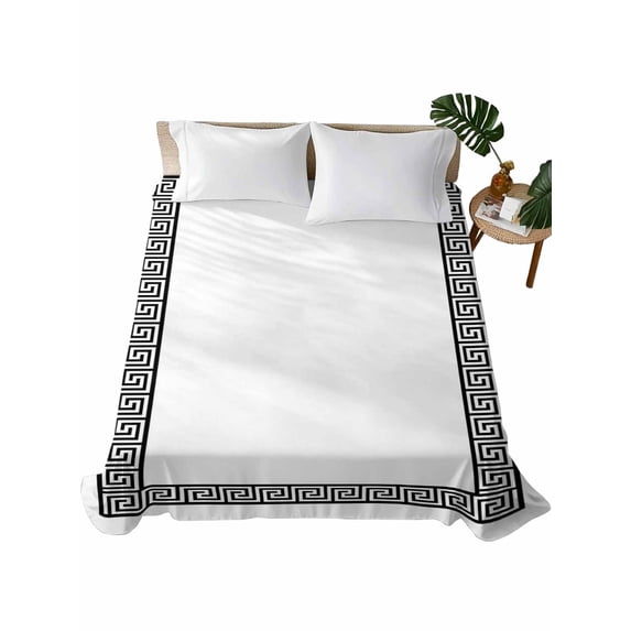 Black Geometric Flat Sheets Only Queen Size, Soft Breathable Bed Top Sheets for Mattress, Modern Key Greek Design Abstract Art Luxury Bedding Flat Sheets for Home Hotel Bedroom Bed Protection